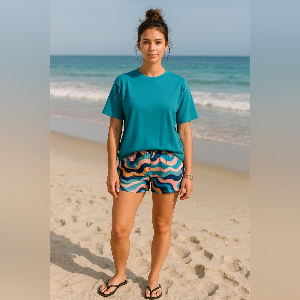 Muji Womens Boxy Tee Sz S Blue Green Short Sleeve Crew neck T-Shirt Minimalist